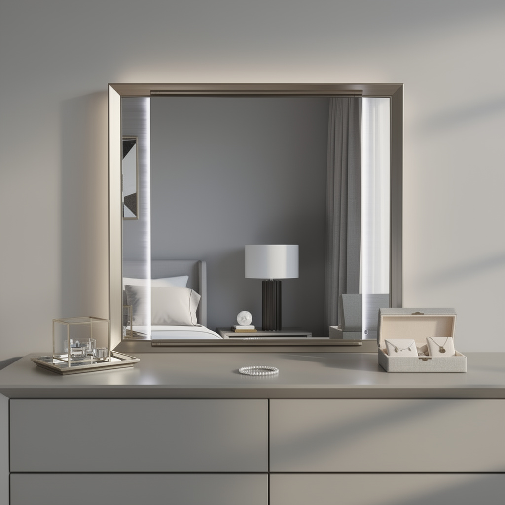 564644 38 in. White & Silver Wood Lighted Dresser Mount Framed Mirror