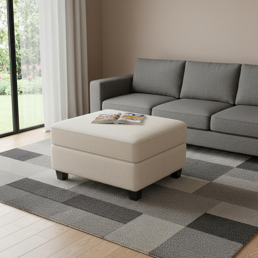 714357 26 in. Beige & Black Chenille Storage Ottoman