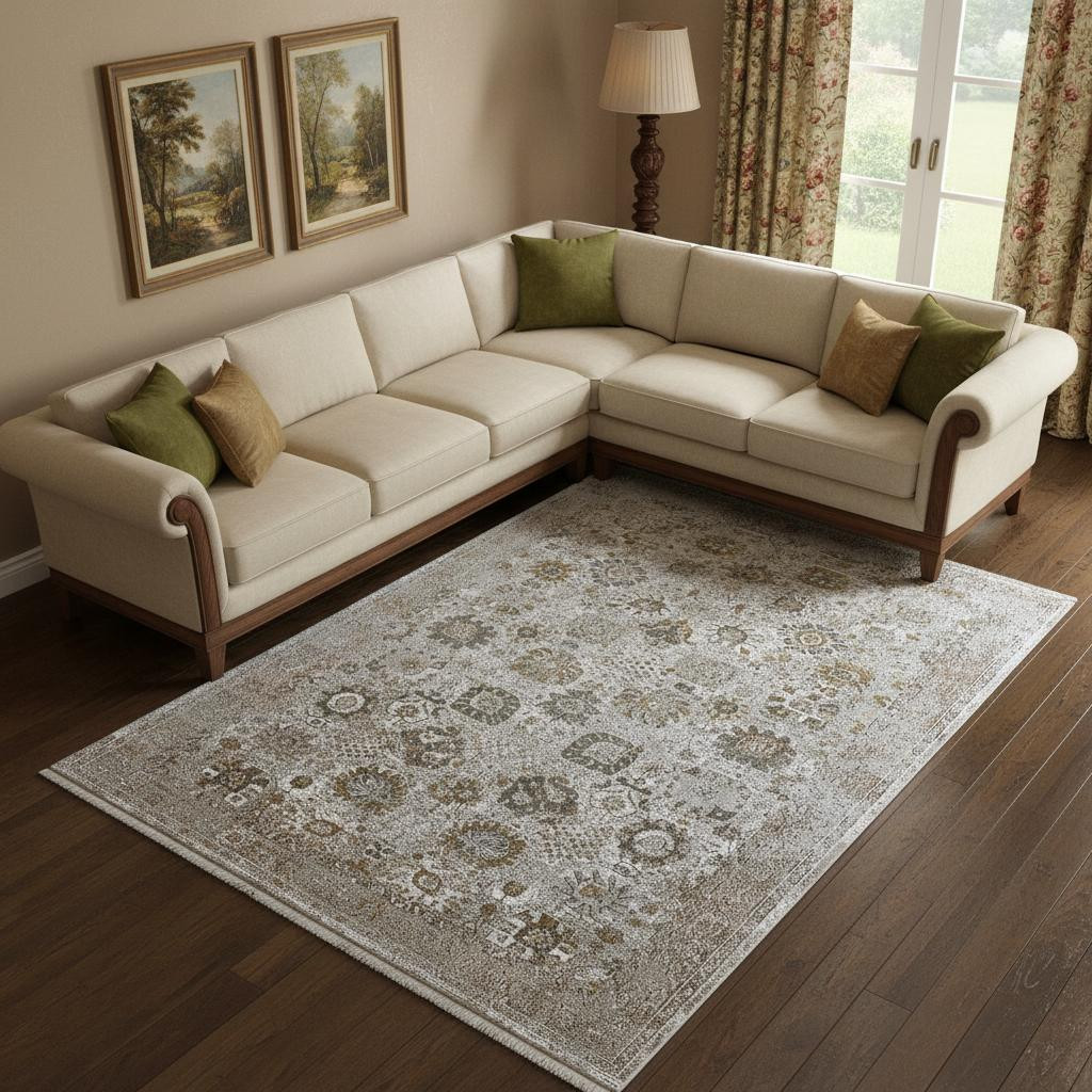 722062 12 x 18 ft. Ivory Gray & Gold Floral Rectangle Area Rug with Fringe