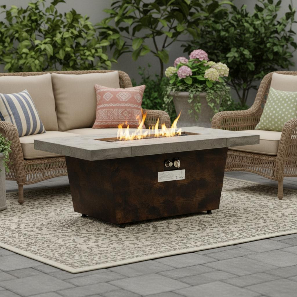 714423 42 in. 50000 BTU Brown & Gray Iron & Faux Cement Propane Fire Pit Table