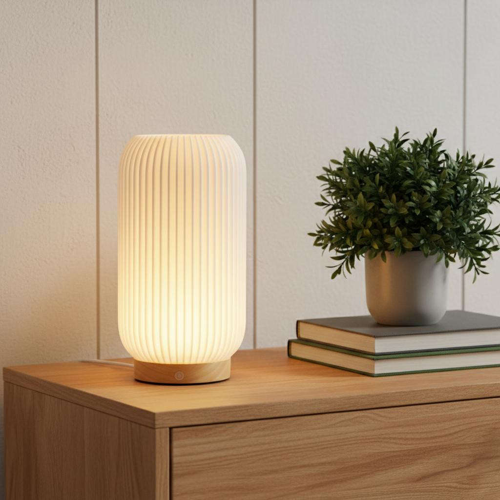 720606 9 in. Beige Ribbed USB Lantern Table Lamp with Novelty Shade