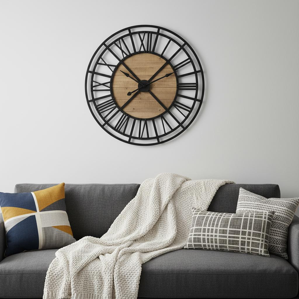 609405 42 in. Black & Natural Iron & Wood Analog Round Wall Clock