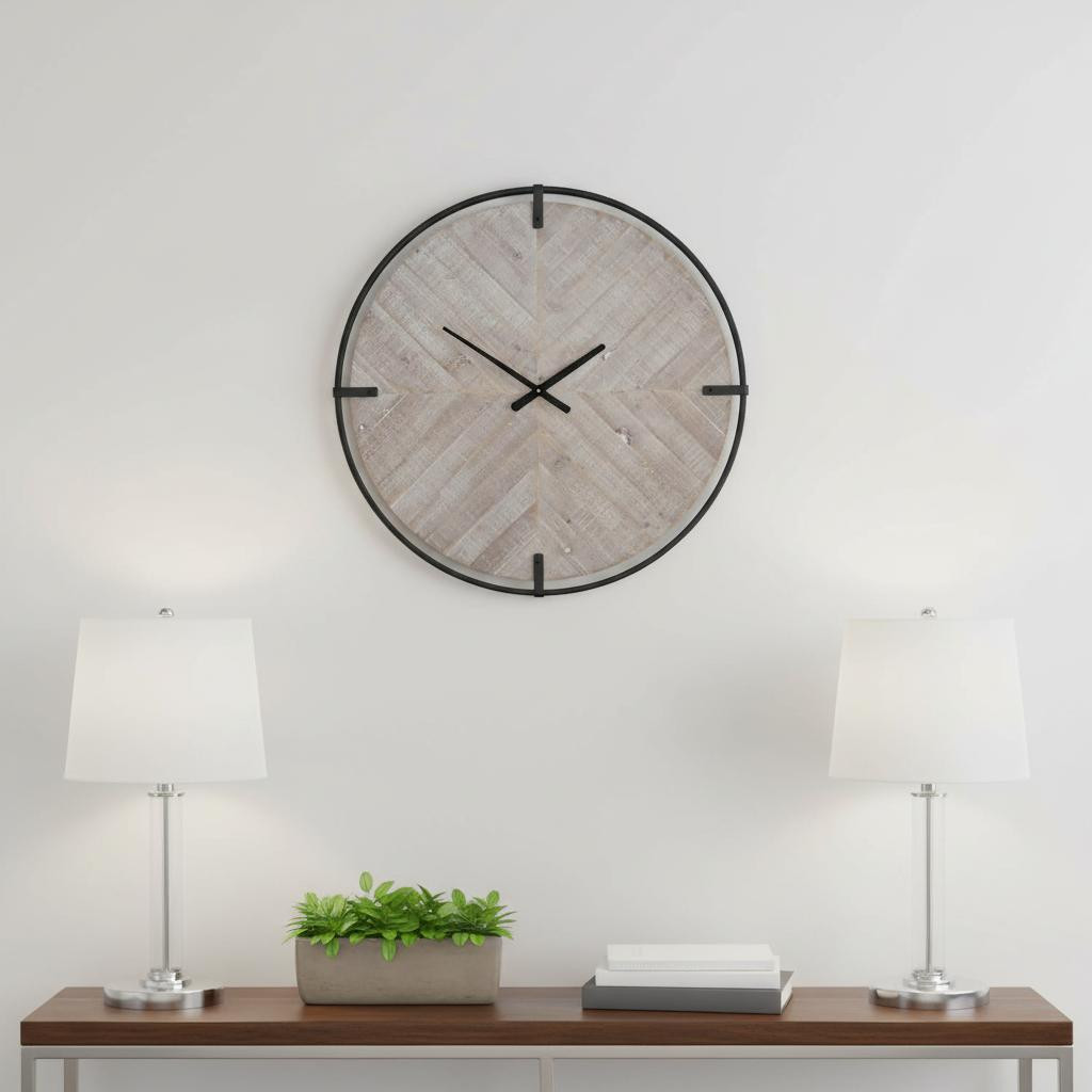609408 33 in. Black & Natural Metal & Solid Wood Analog Distressed Round Wall Clock