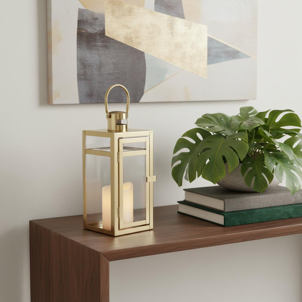 719754 12 in. Glass & Stainless Steel Tabletop Lantern Candle Holder, Clear & Gold