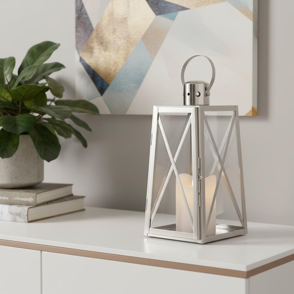 719757 12 in. Clear & Silver Glass & Stainless Steel Tabletop Lantern Candle Holder