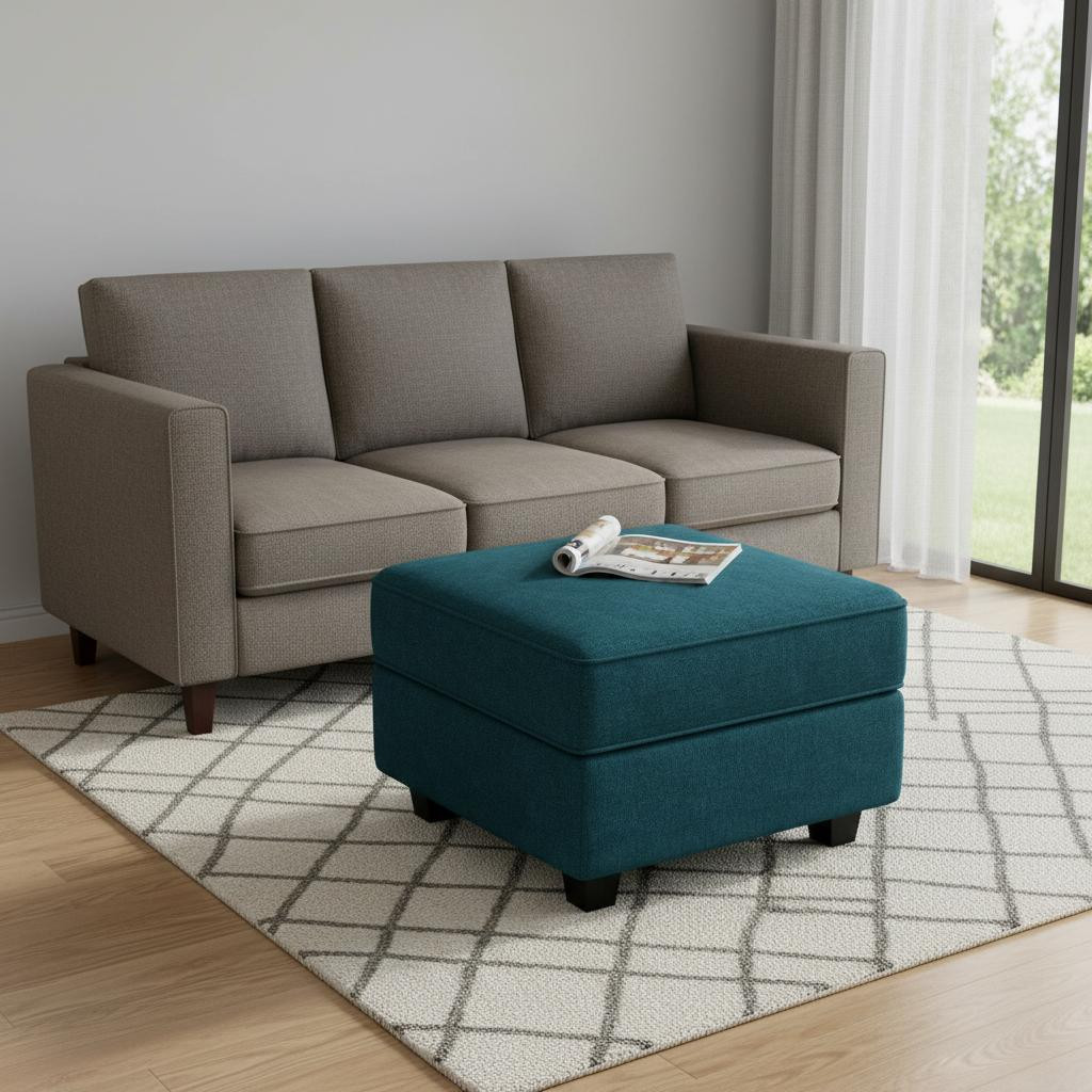 714331 26 in. Teal Blue & Black Solid Wood & Microfiber Storage Ottoman