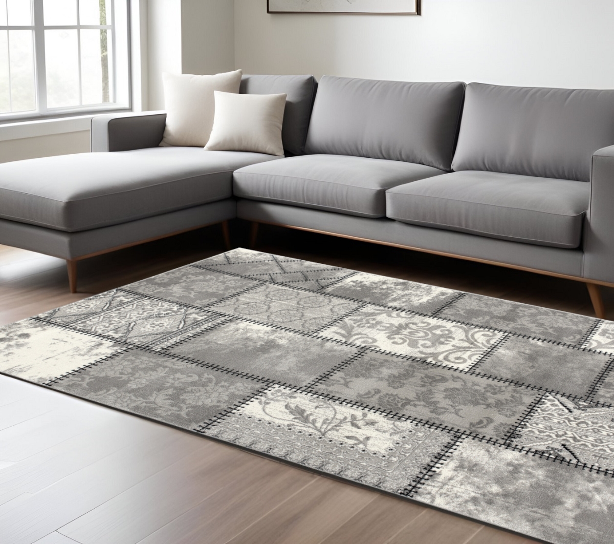487661 7 x 9 ft. Gray & Ivory Damask Power Loom Rectangle Area Rug