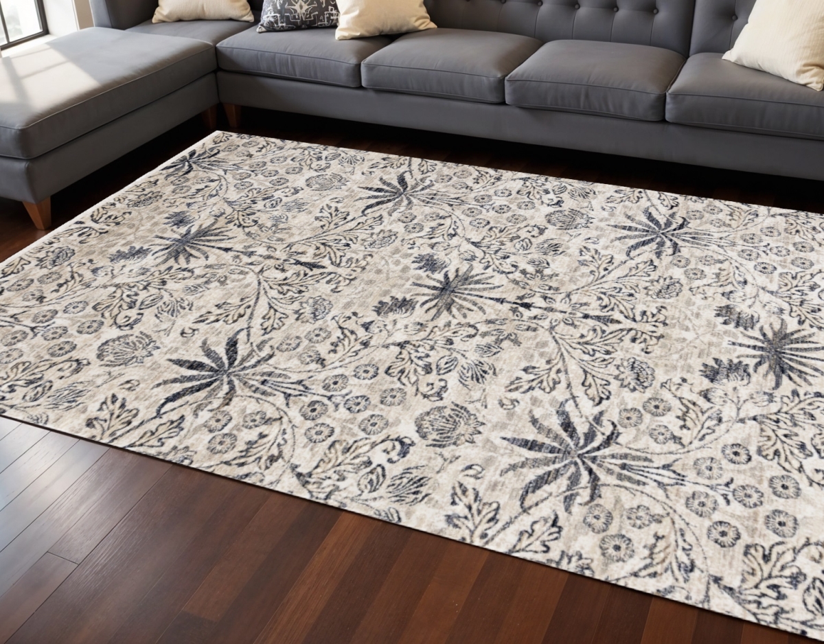 660217 8 x 10 ft. Cream & Blue Floral Machine Made Medallion Rectangle Area Rug