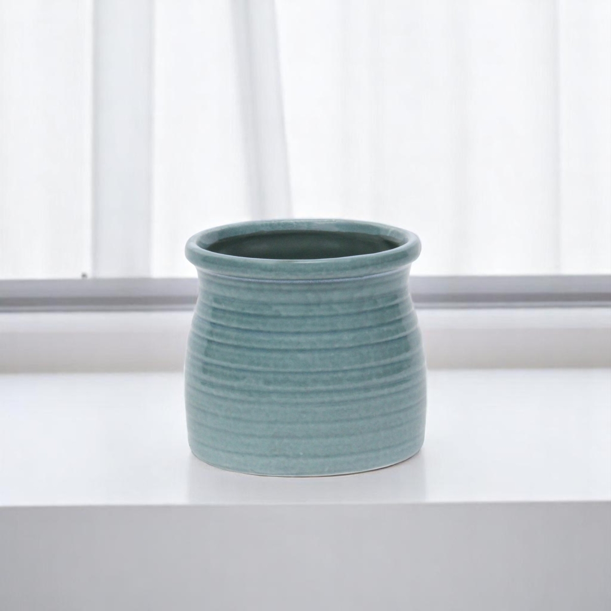 487412 25 oz Celadon Ceramic Striped Round Distressed Pot Planter