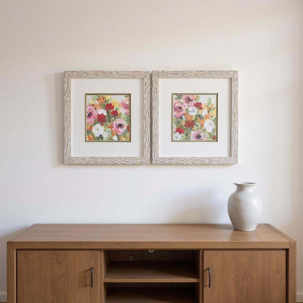649299 Leas Garden Distressed White Framed Wall Art, Set of 2