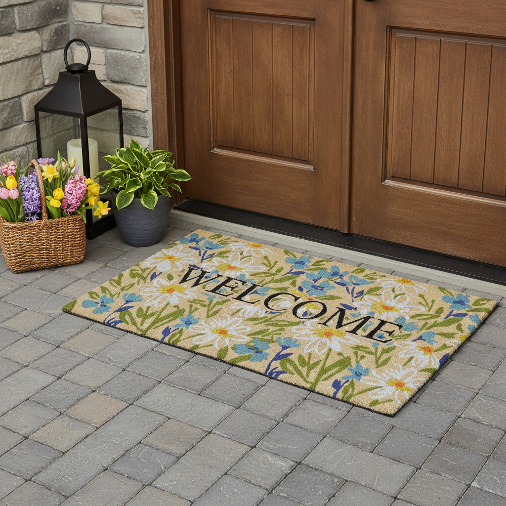 721317 36 x 72 in. Brown Light Blue & Green Floral Welcome Outdoor Coir Rectangle Door Mat