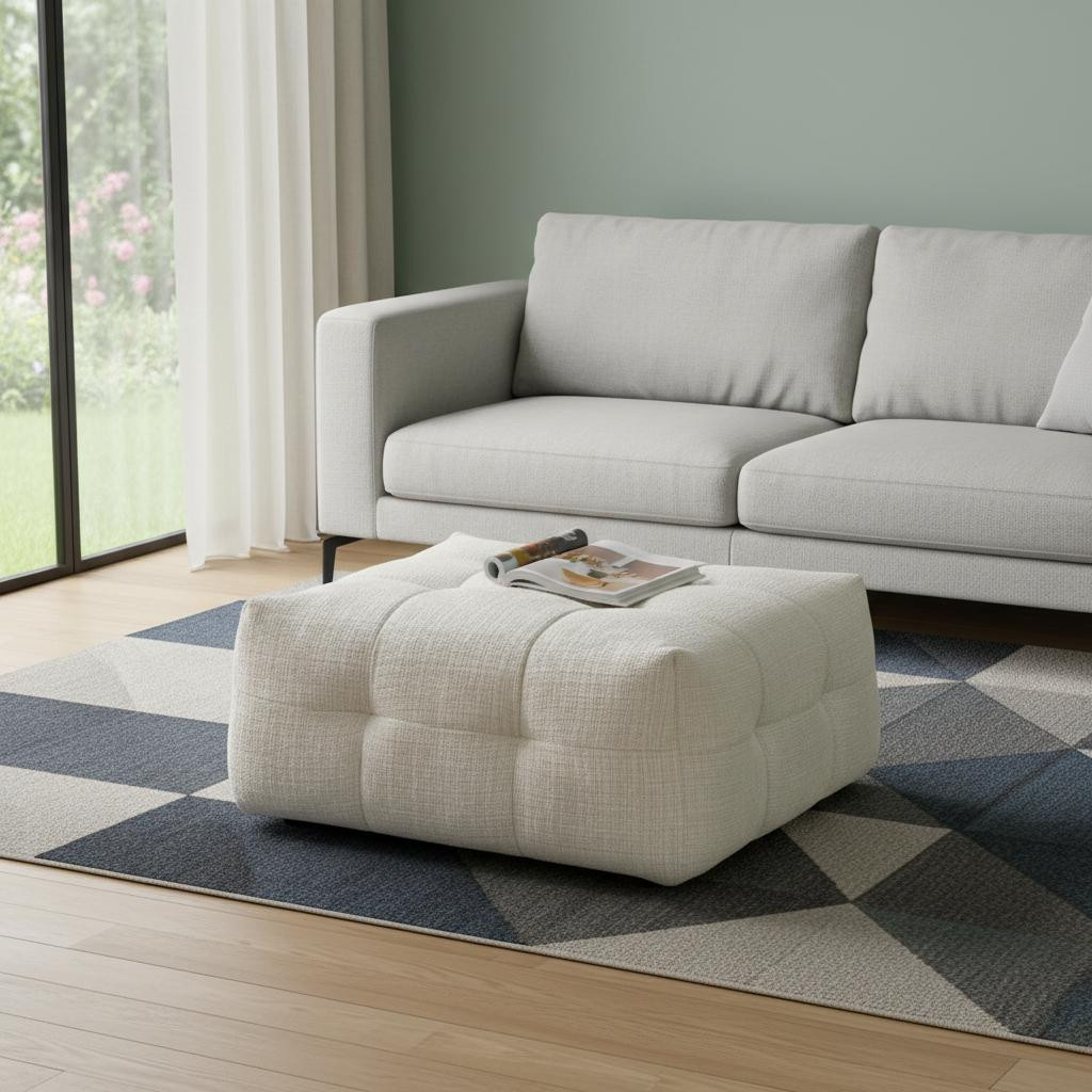 722460 36 in. Beige & Black Chenille Tufted Pouf Ottoman