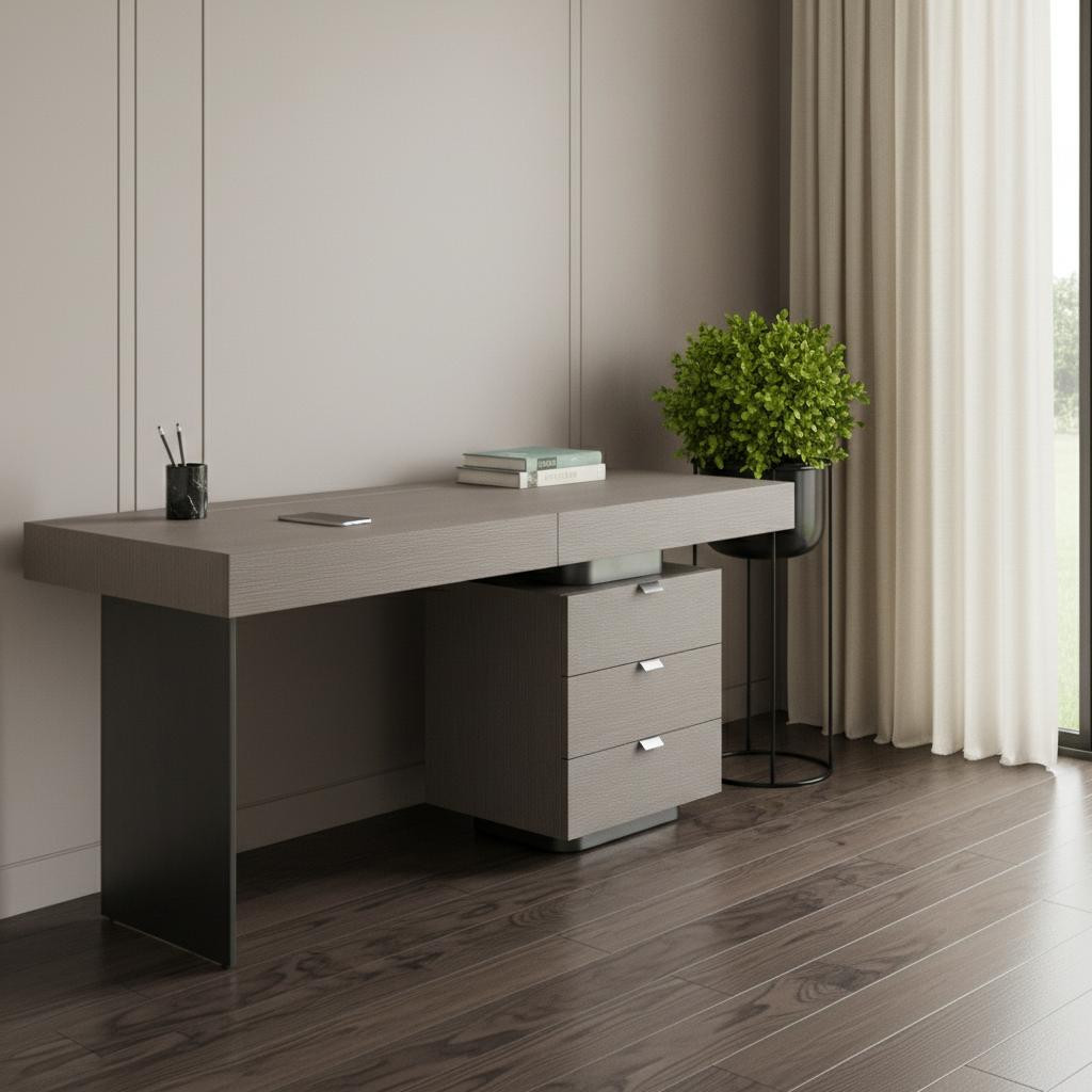 722400 71 in. Gray Wood & Stainless Steel Computer Desk with Five Drawers