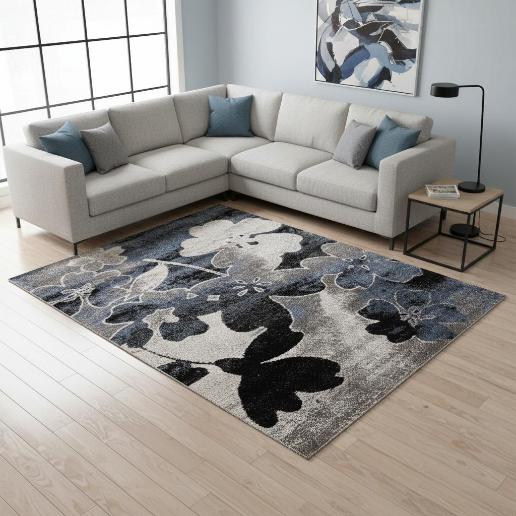 660174 8 x 11 ft. Blue Cream & Black Botanical Leaves Rectangle Area Rug