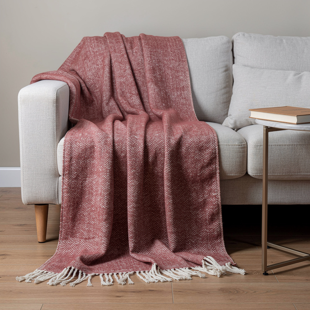 518775 50 x 60 in. Brick Red & White Chevron Cotton Throw Blanket with Fringe