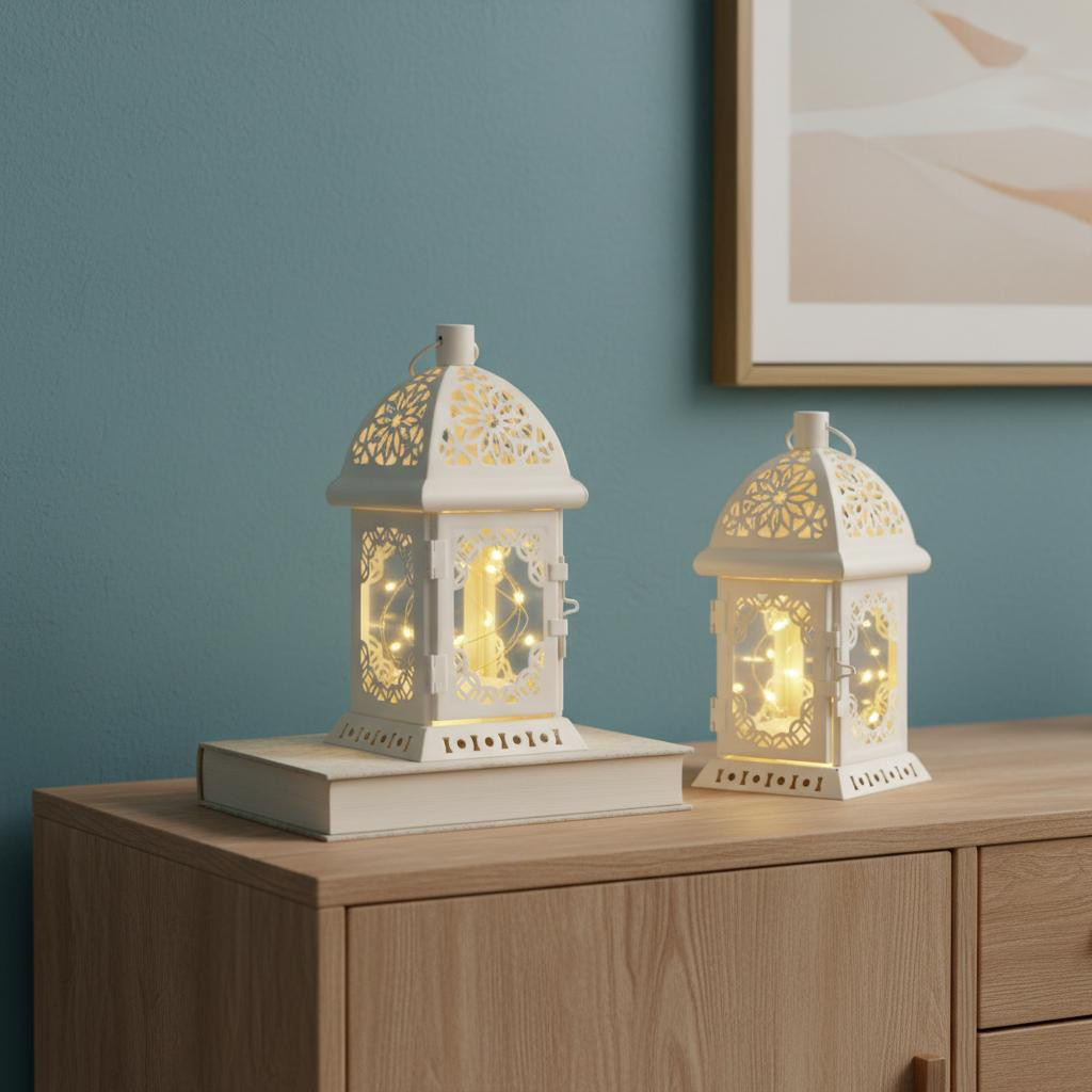 720594 8 in. White Metal & Glass Pierced Scrollwork Lantern Table Lamps - Set of 2
