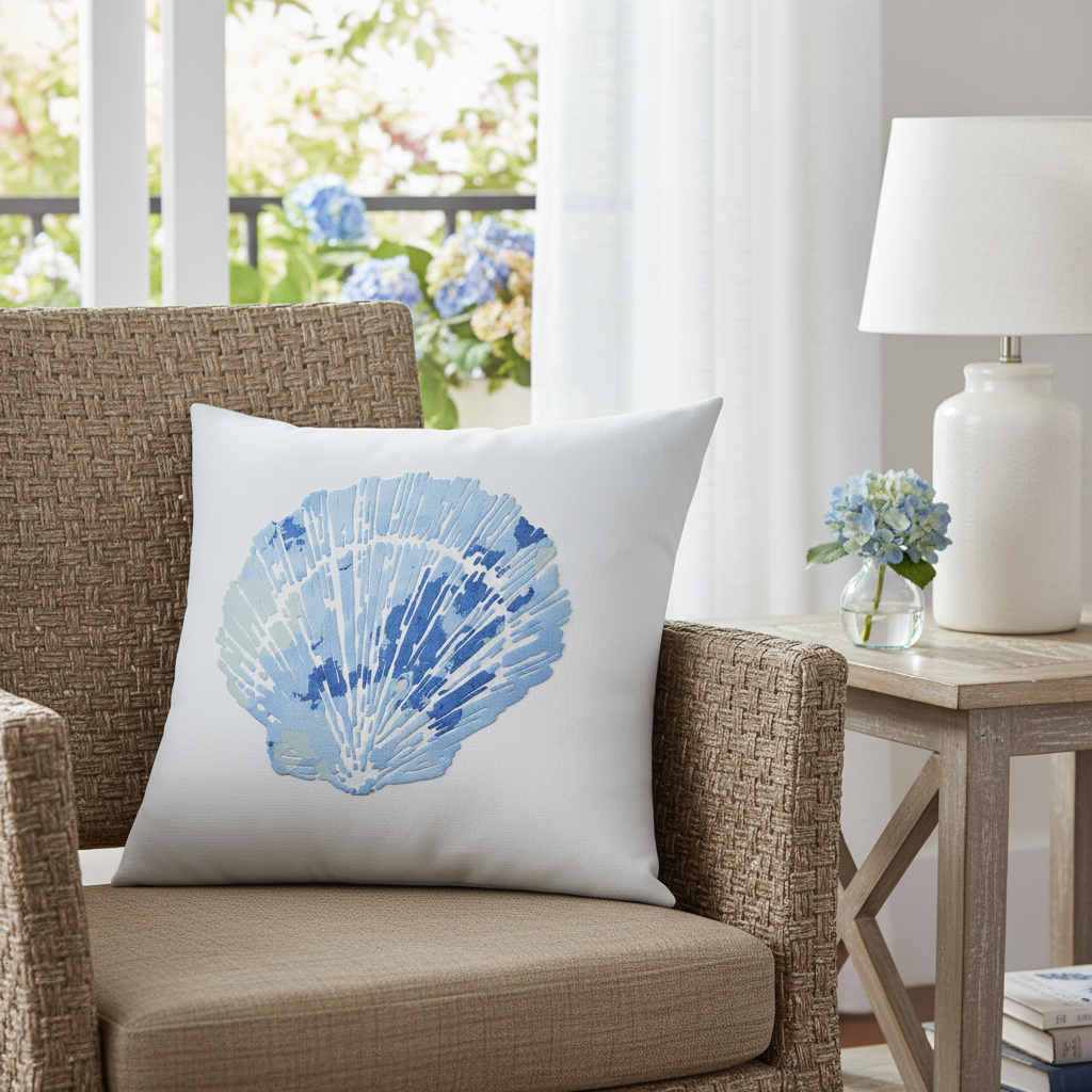 564967 18 in. Blue & White Coastal Seashell Throw Pillow