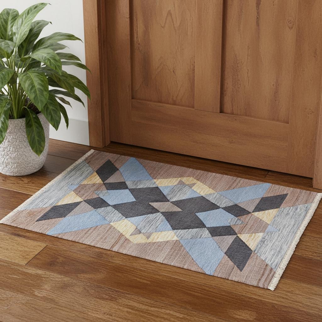 674539 2 x 3 ft. Blue Gray & Tan Geometric Hand Woven Rectangle Area Rug with Fringe