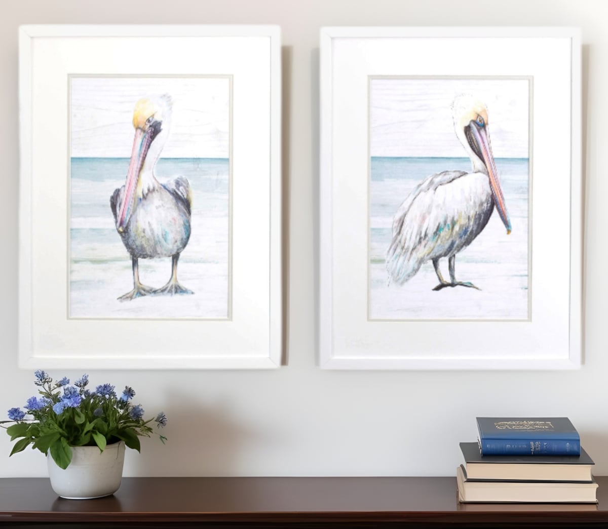 521553 Pelican on the Shore White Framed Print Wall Art, Set of 2