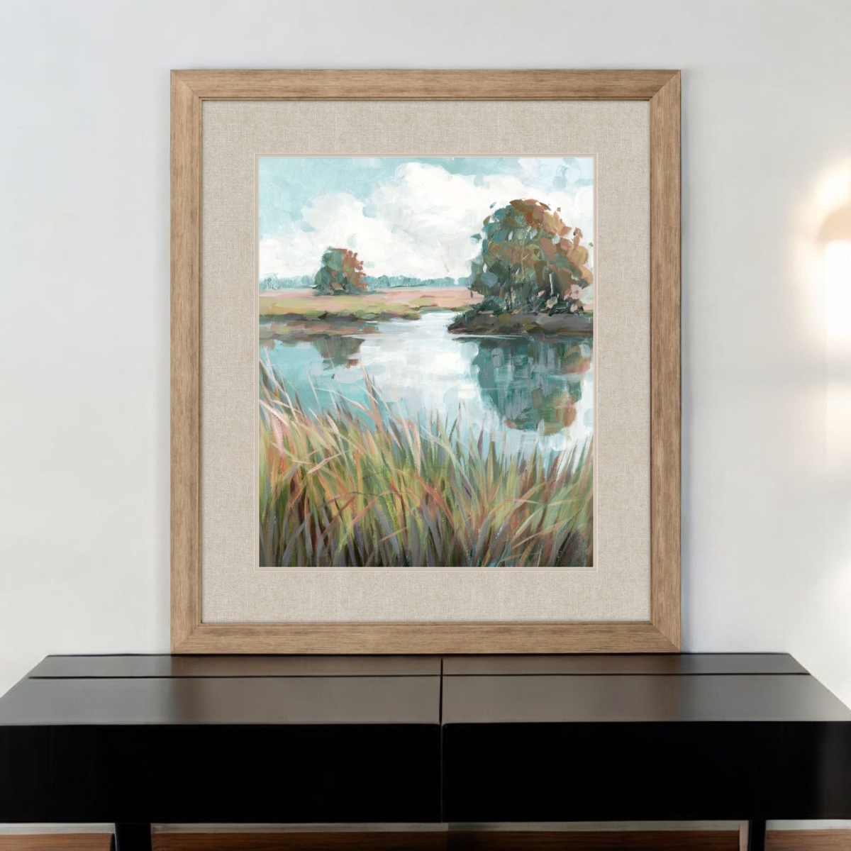 558345 Riverside View Watercolor Waterscape Distressed Frame Wall Art