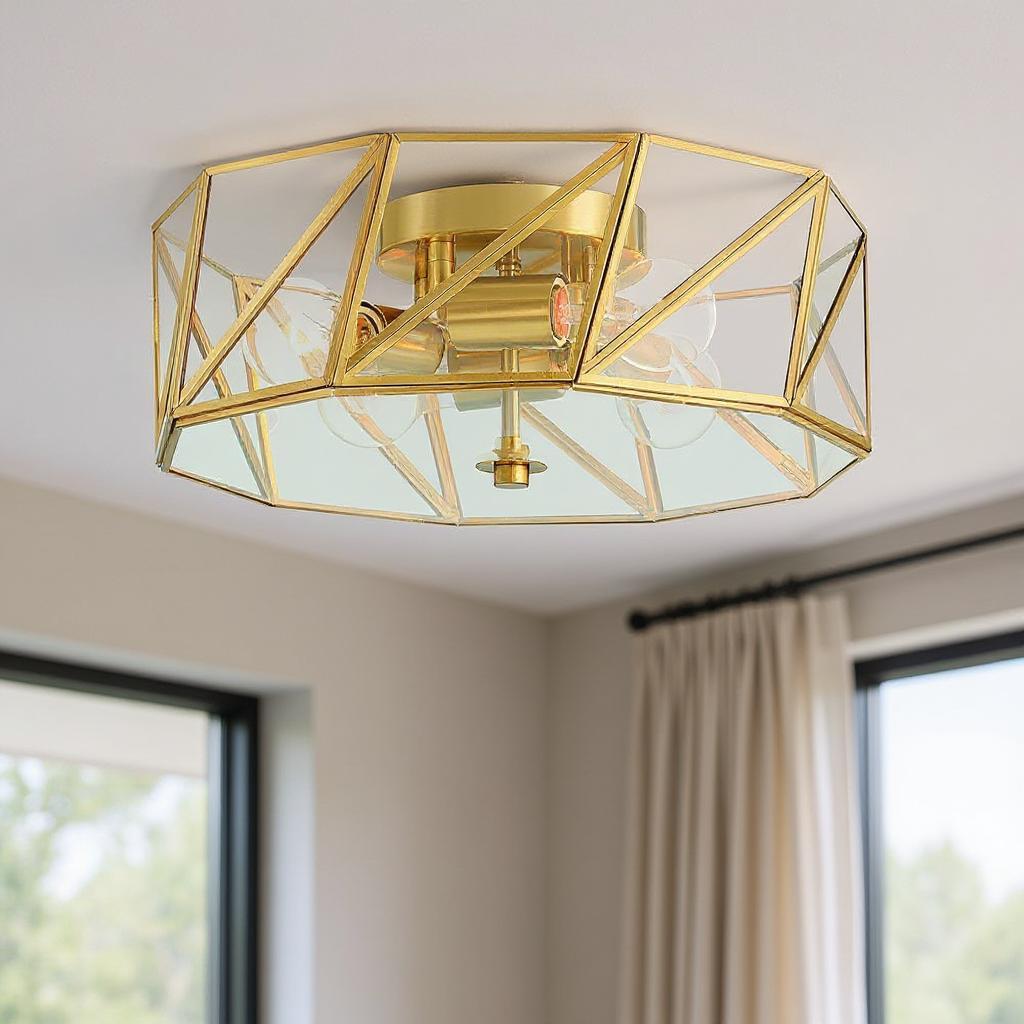 483967 Brass Unique Statement Four Light Metal Dimmable Flush Chandelier with Clear Shades