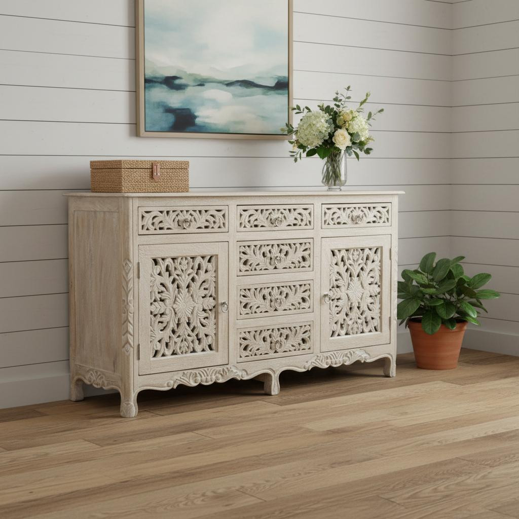521377 66 in. White Distressed Solid Wood Carved Floral Six Drawer Sideboard with Two Doors