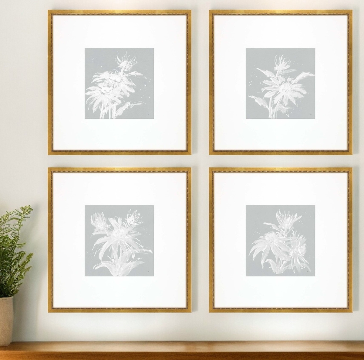 525647 Echinacea Gold Framed Print Wall Art, Set of 4