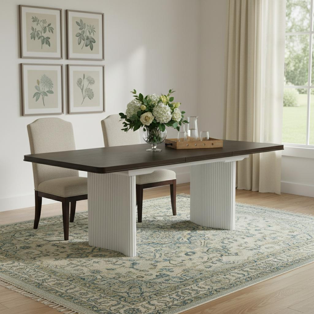 631297 78 in. Walnut & White Wood Removable Leaf Double Pedestal Base Extendable Dining Table