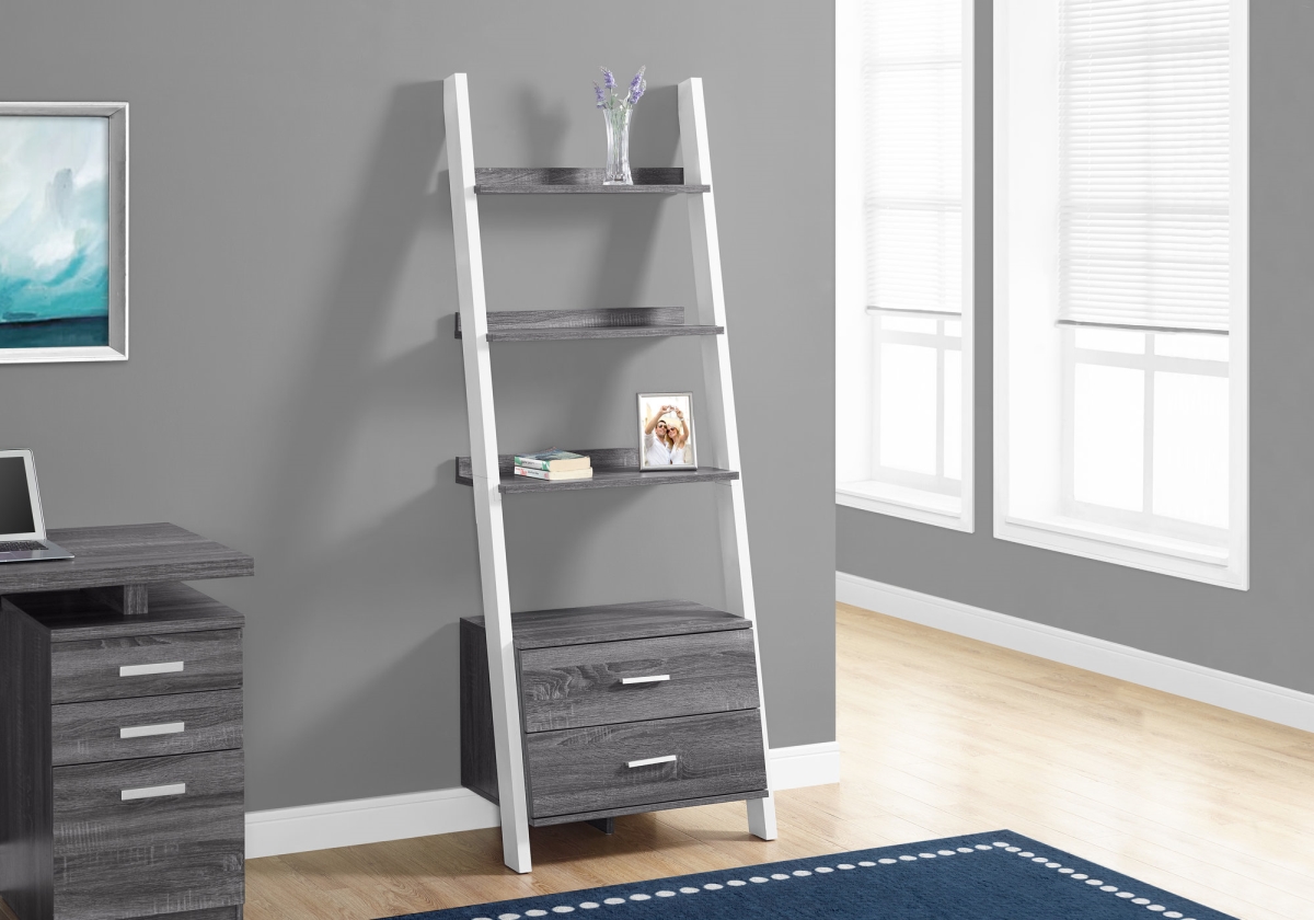 69 in. Grey & White Particle Board Ladder Bookcase with Two Storage Drawers