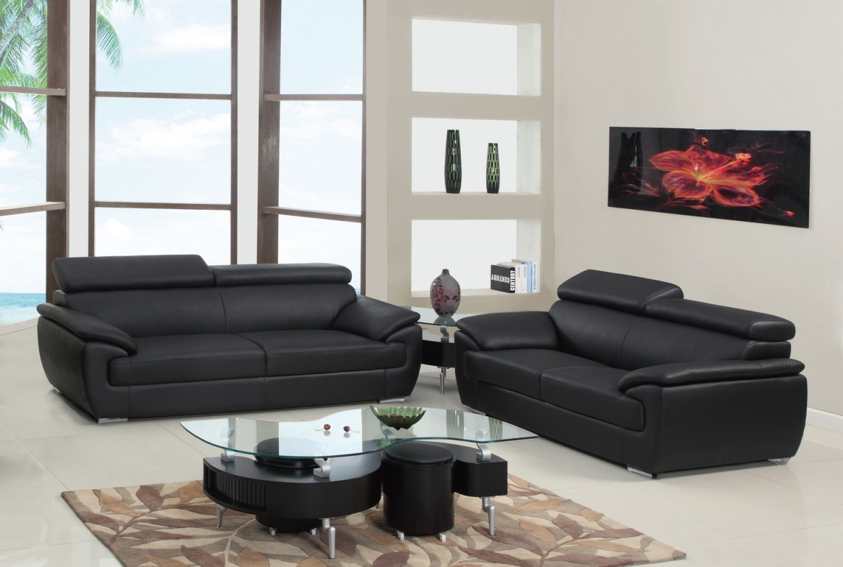 69 x 38 x 32-39 in. Modern Black Leather Sofa & Loveseat