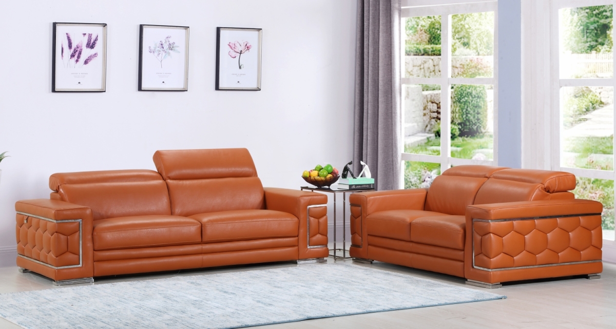 71 x 41 x 29 in. Modern Camel Leather Sofa & Loveseat