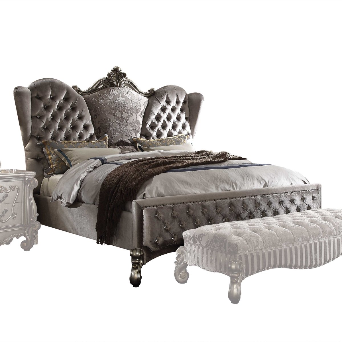 76 x 95 x 72 in. Velvet Antique Platinum Upholstery Poly Resin Queen Bed -  Gfancy Fixtures, GF3088456