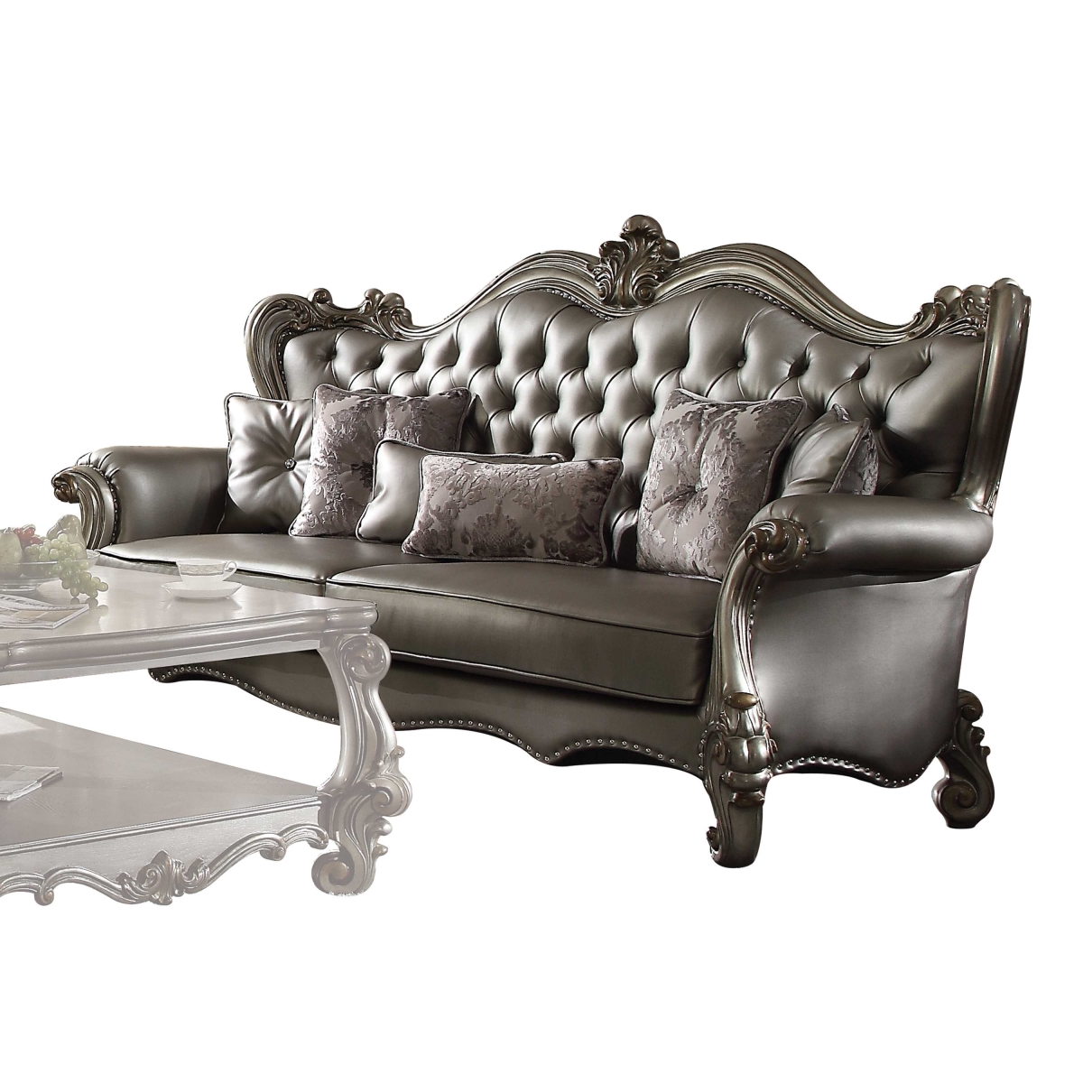 348644 46 x 93 x 50 in. Silver PU Antique Platinum Upholstery Poly Resin Sofa with 6 Pillows
