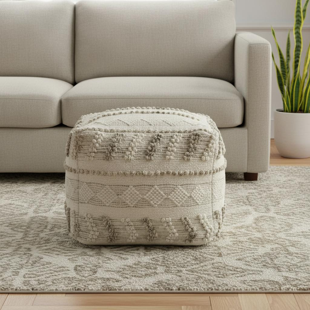 710447 18 in. Ivory & Natural Cotton & Wool Striped Pouf Ottoman