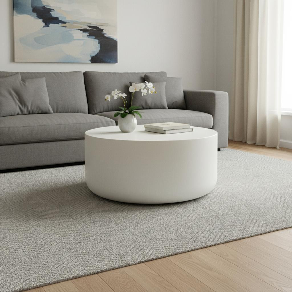 714205 31 in. White Cement Round Drum Coffee Table
