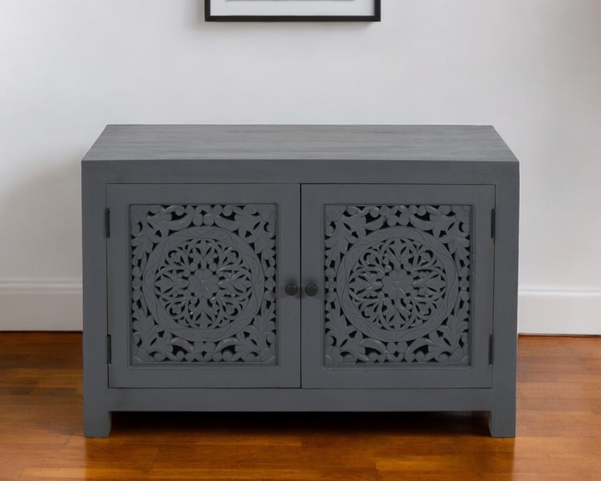 557029 30 in. Gray Distressed Solid Wood Textured Door Accent Cabinet with Two Doors