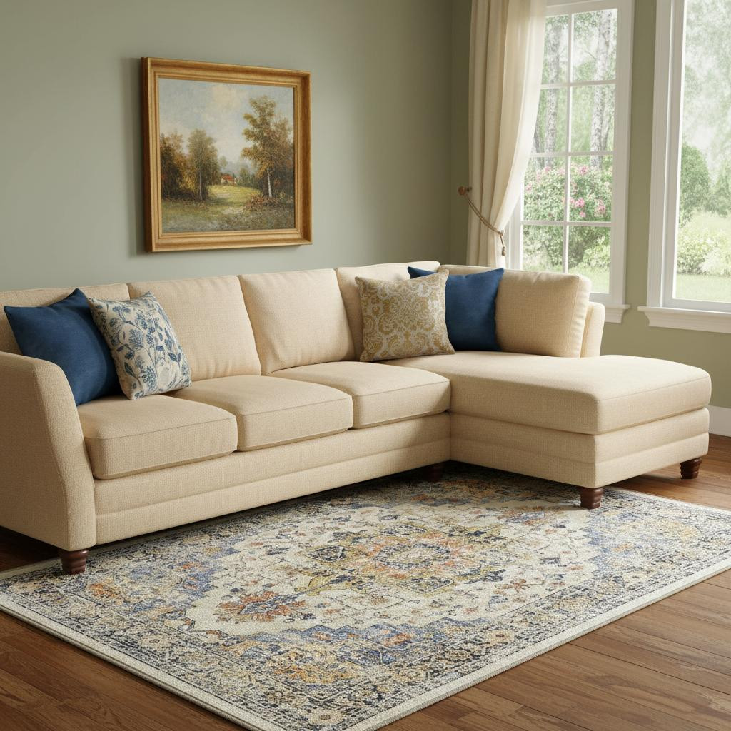 711199 8 x 10 ft. Ivory Blue & Orange Medallion Washable Rectangle Area Rug