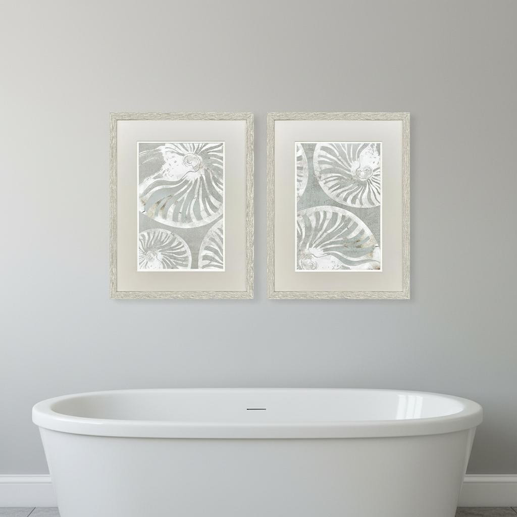 653906 Nautilus Shell Distressed White Framed Wall Art, Set of 2