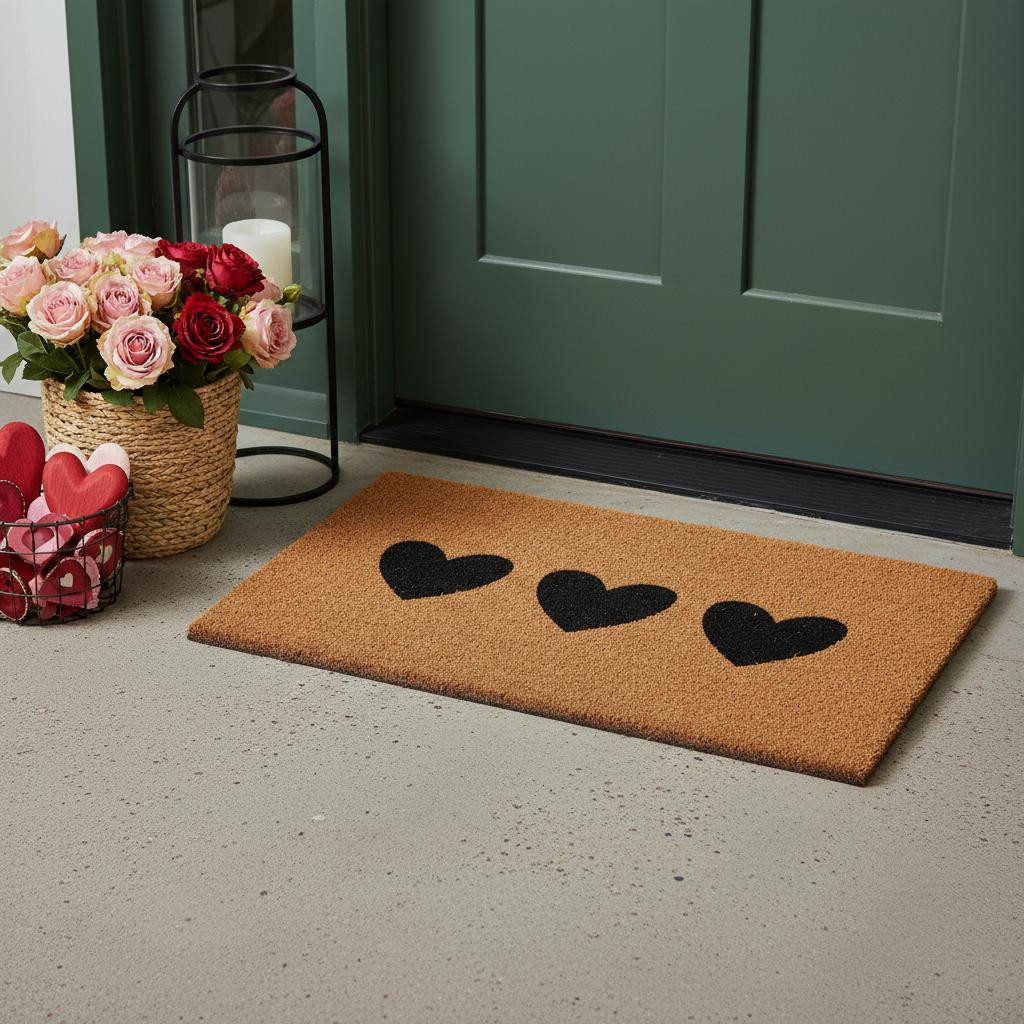 719889 24 x 36 in. Brown & Black Three Hearts Outdoor Coir Rectangle Door Mat