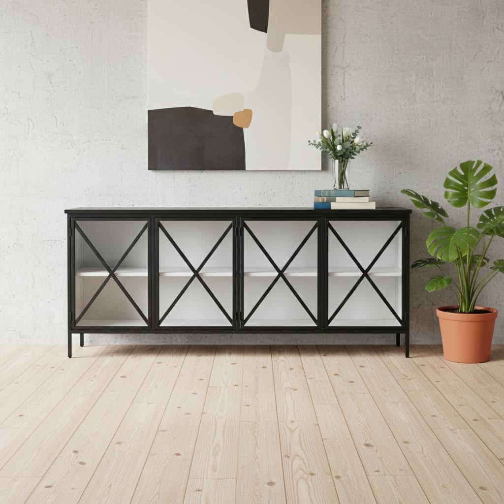 611014 79 in. Black & White Iron Sideboard Soft Close with Four Glass Doors