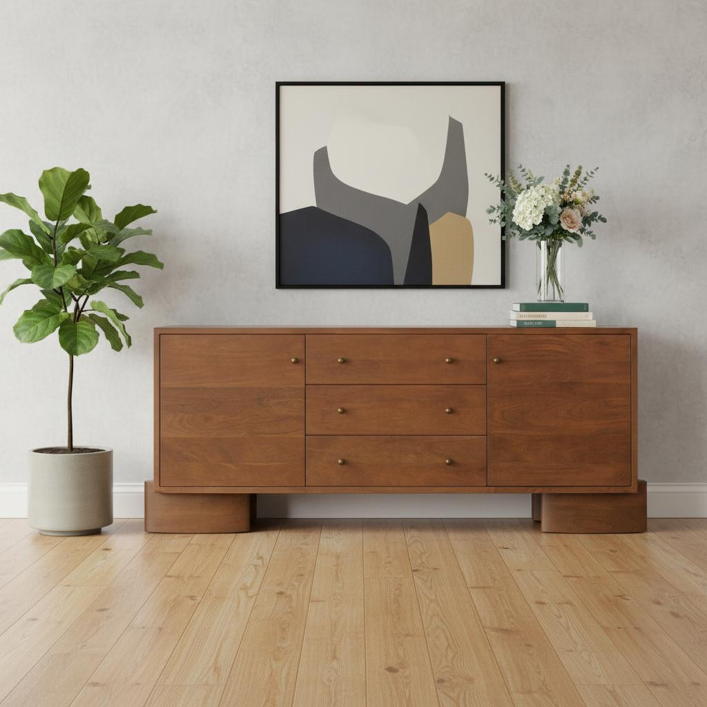 611030 76 in. Brown Solid Wood Three Drawer Sideboard Soft Close with Two Doors