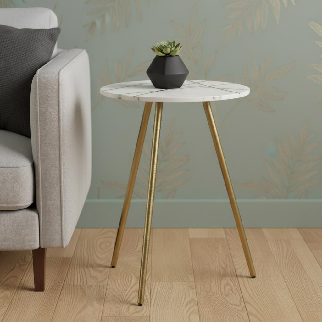 605373 18 in. White & Gold Stone & Metal Tray Table