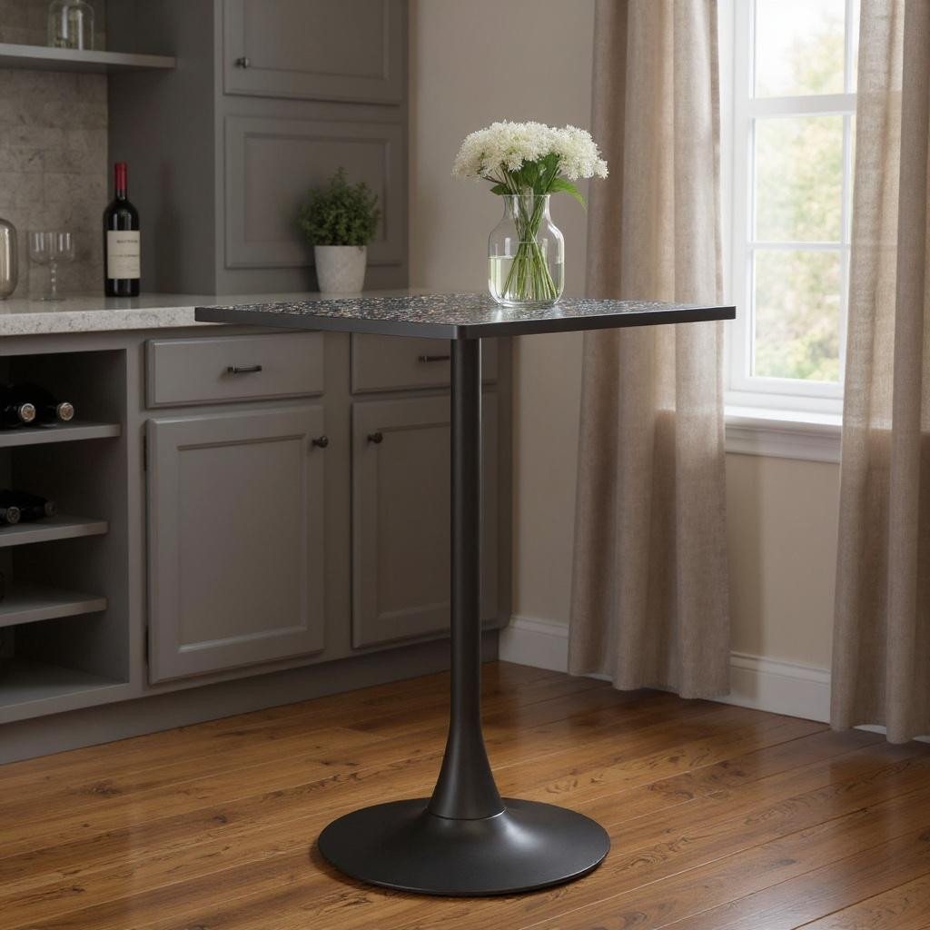 668833 24 in. Black Faux Terrazzo & Steel Square Bar Table
