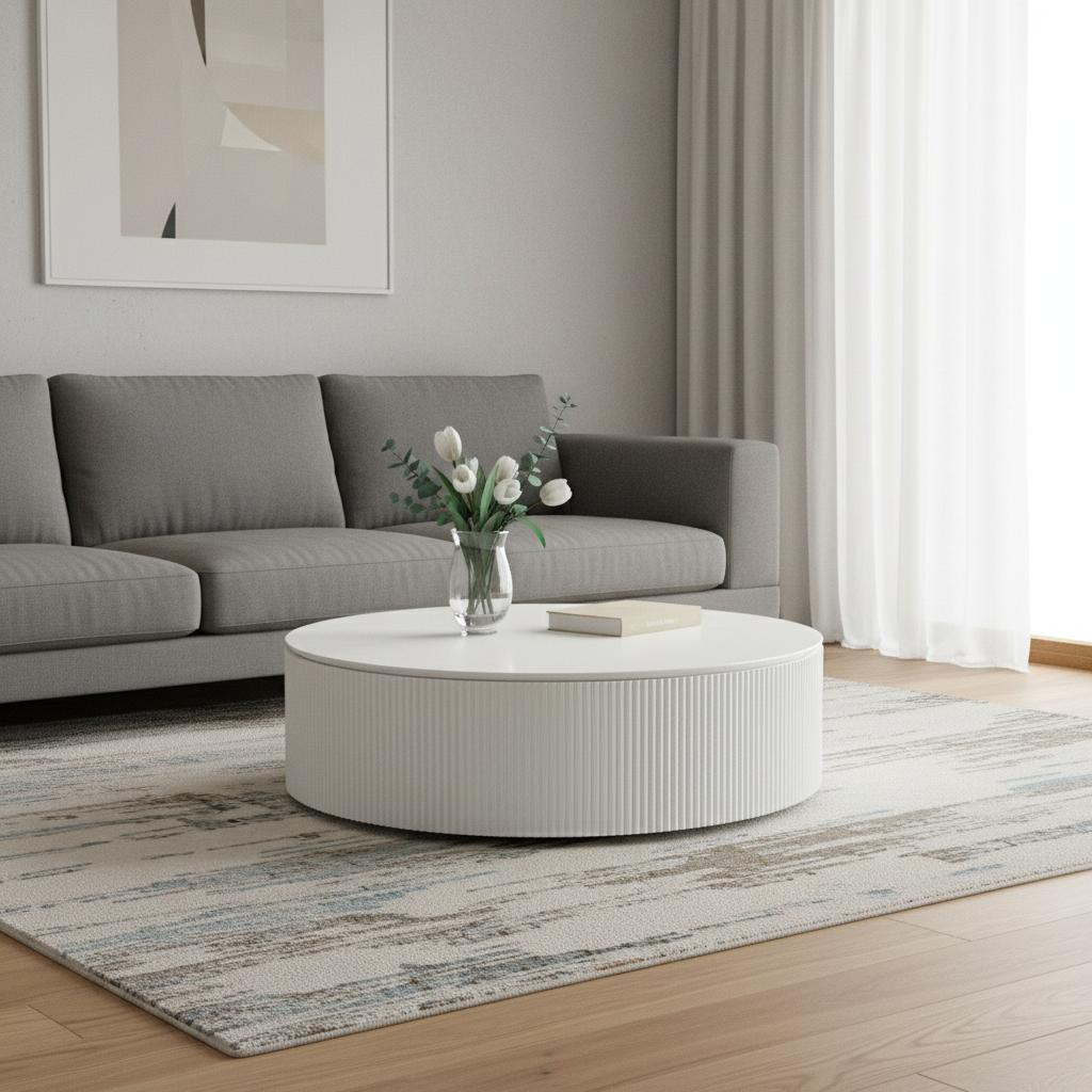 714211 47 in. White Wood Round Drum Coffee Table