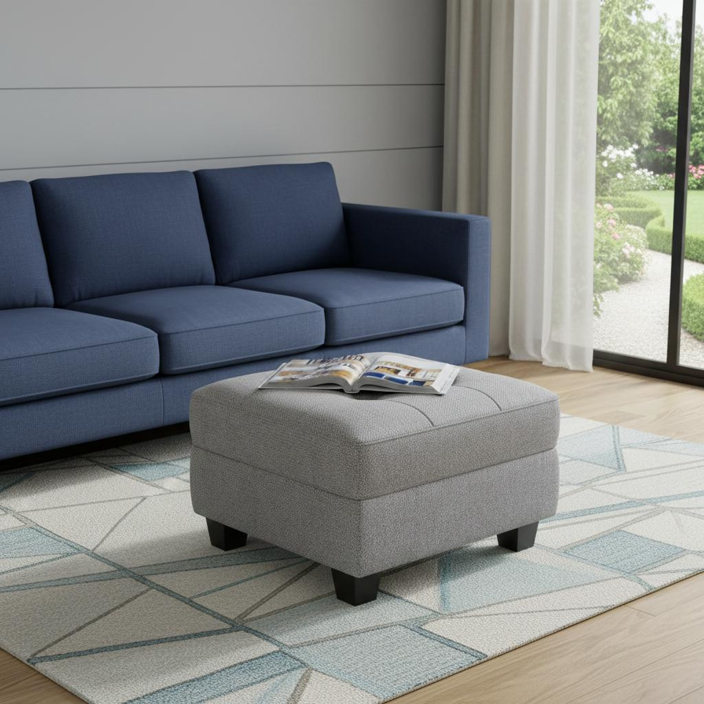 714330 26 in. Light Gray & Black Linen Tufted Storage Ottoman