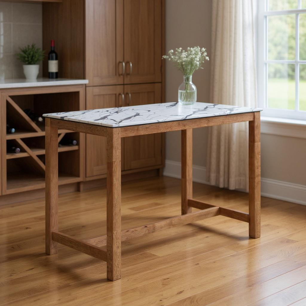 668835 48 in. White & Natural Faux Marble & Solid Wood Rectangular Bar Table