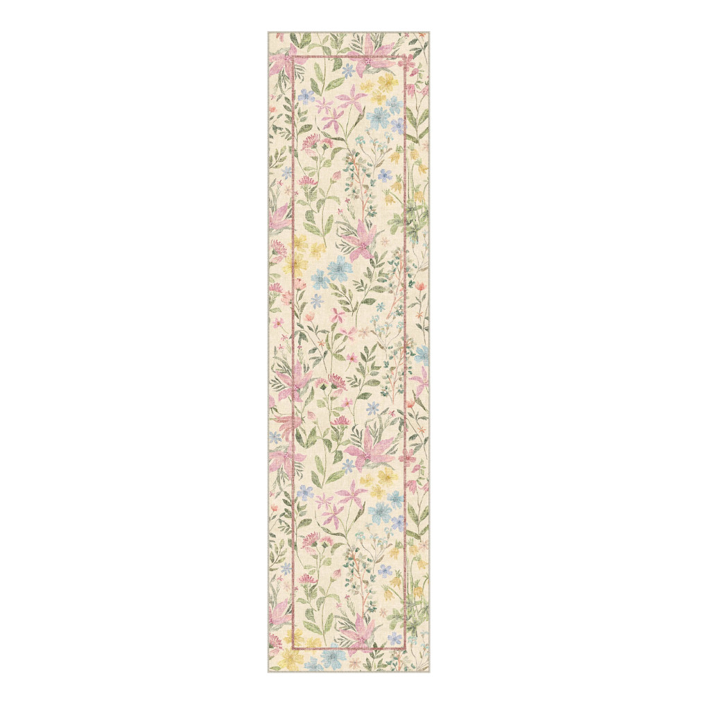 713560 2 x 8 ft. Ivory Pink & Green Floral Washable Runner Rug
