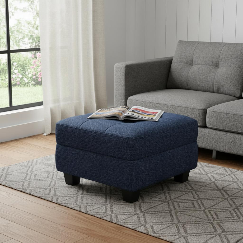 714329 26 in. Blue & Black Solid Wood & Linen Tufted Storage Ottoman