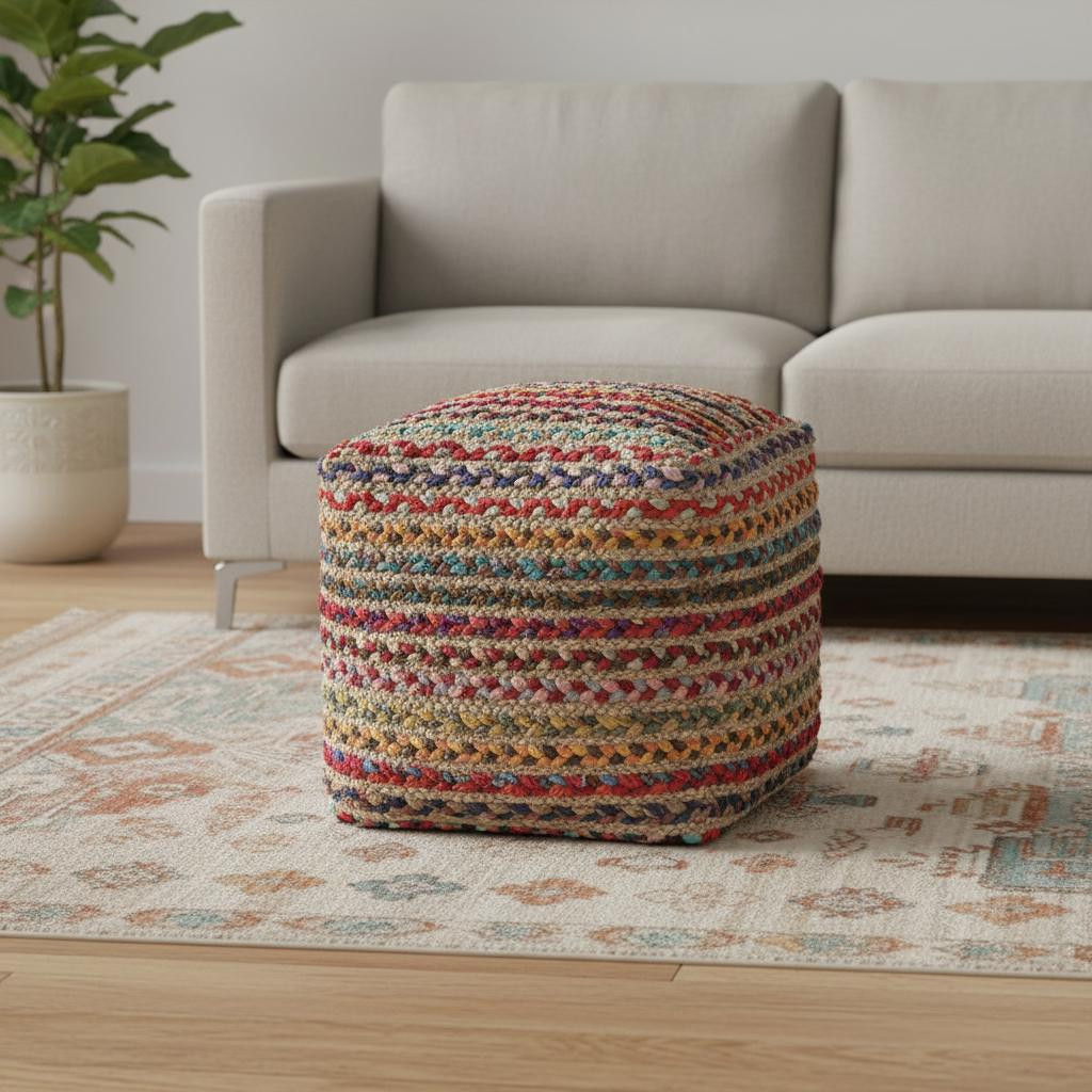 710486 18 in. Natural & Rainbow Braided Jute & Polyester Striped Pouf Ottoman