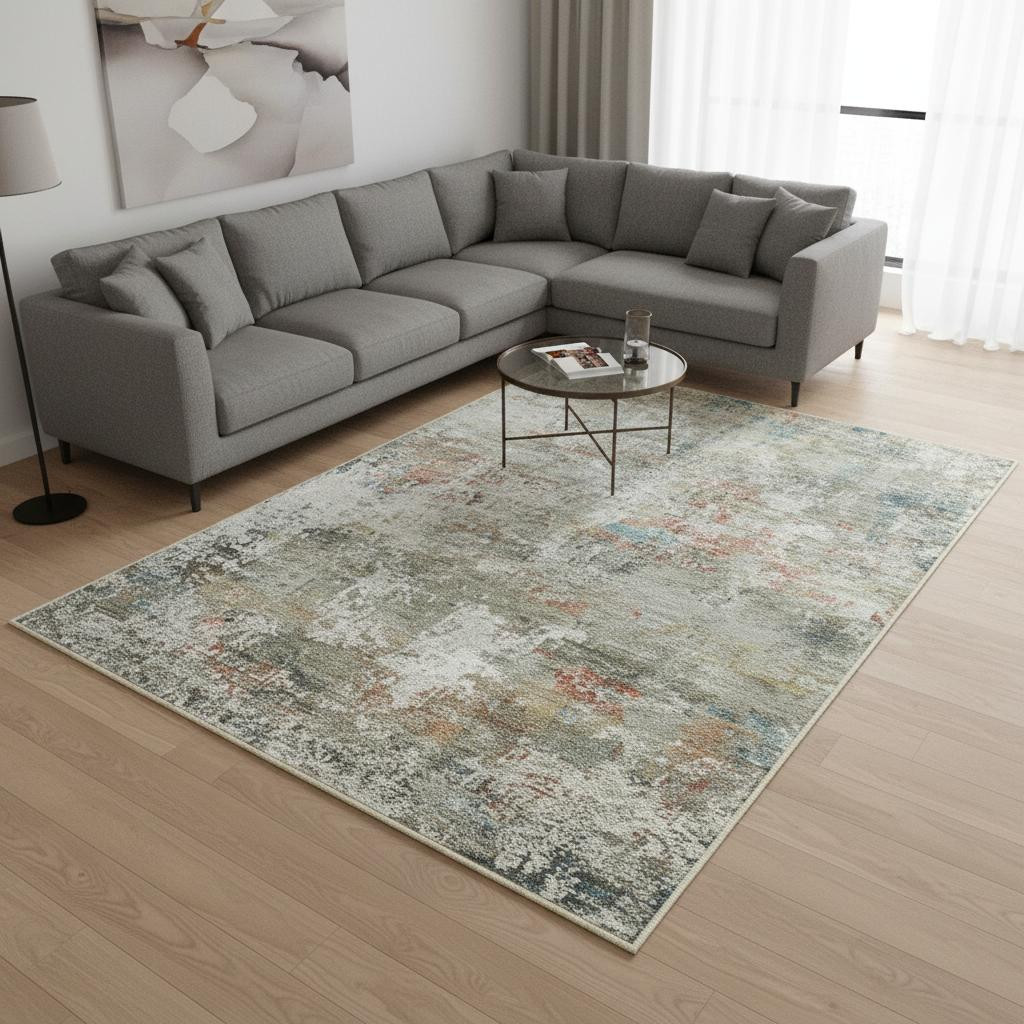 701246 8 x 10 ft. Ivory Light Green & Blue Abstract Washable Rectangle Area Rug